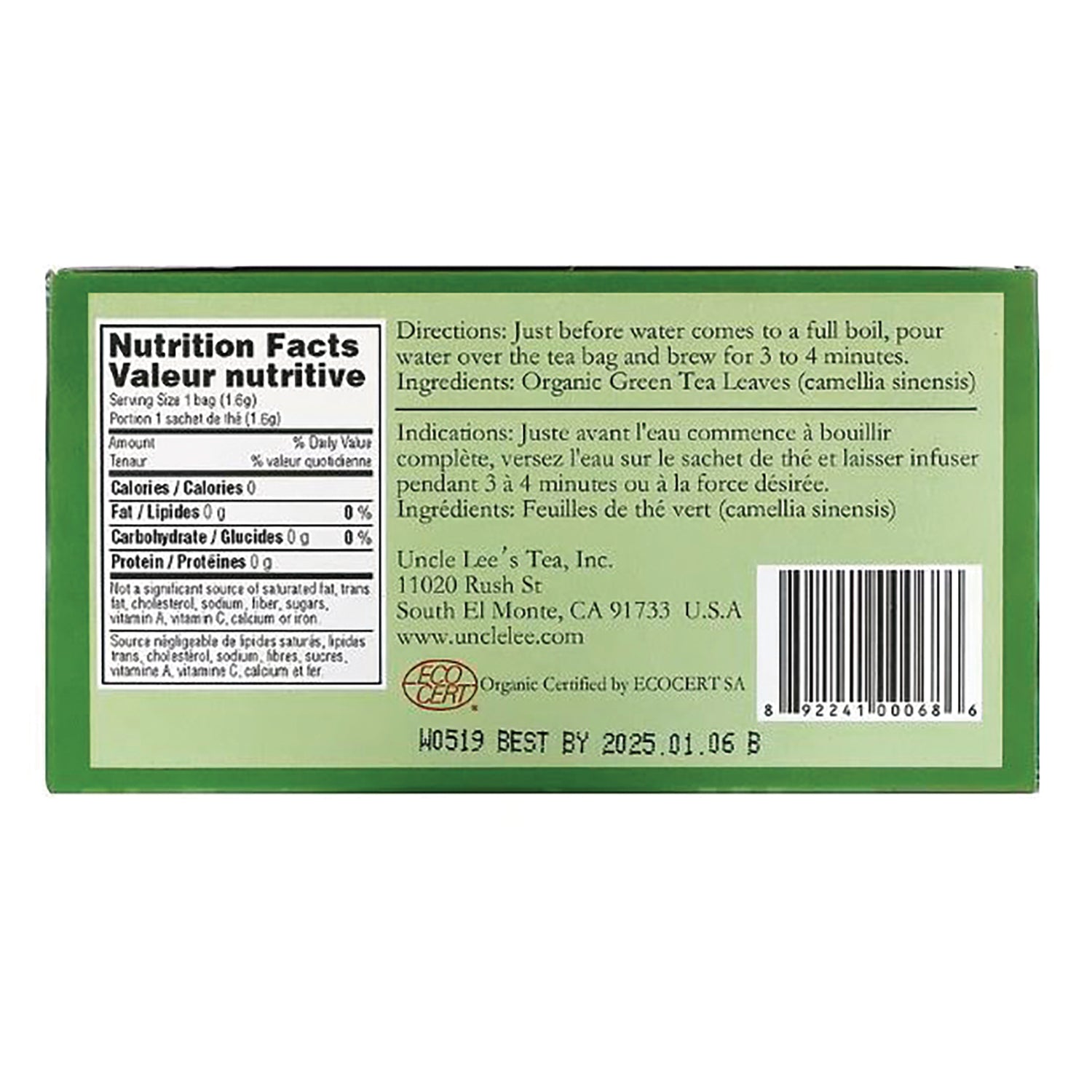 UL016 | Back of Uncle Lee's Organic Green Tea box with Nutrition Facts, directions, ingredients, and barcode