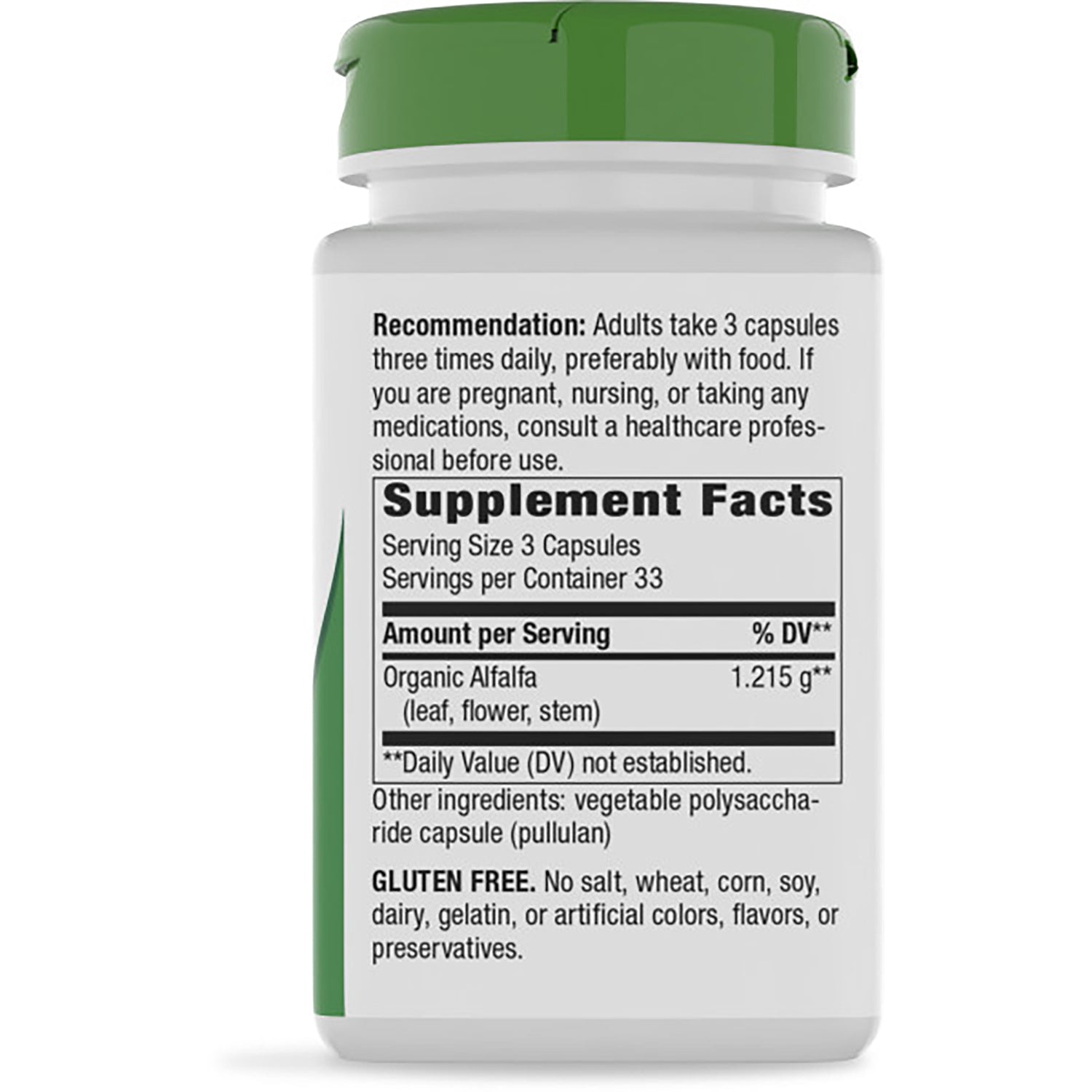 NW106 | Back label of brown supplement bottle showing Supplement Facts panel, serving size, ingredients, and GLUTEN FREE warning