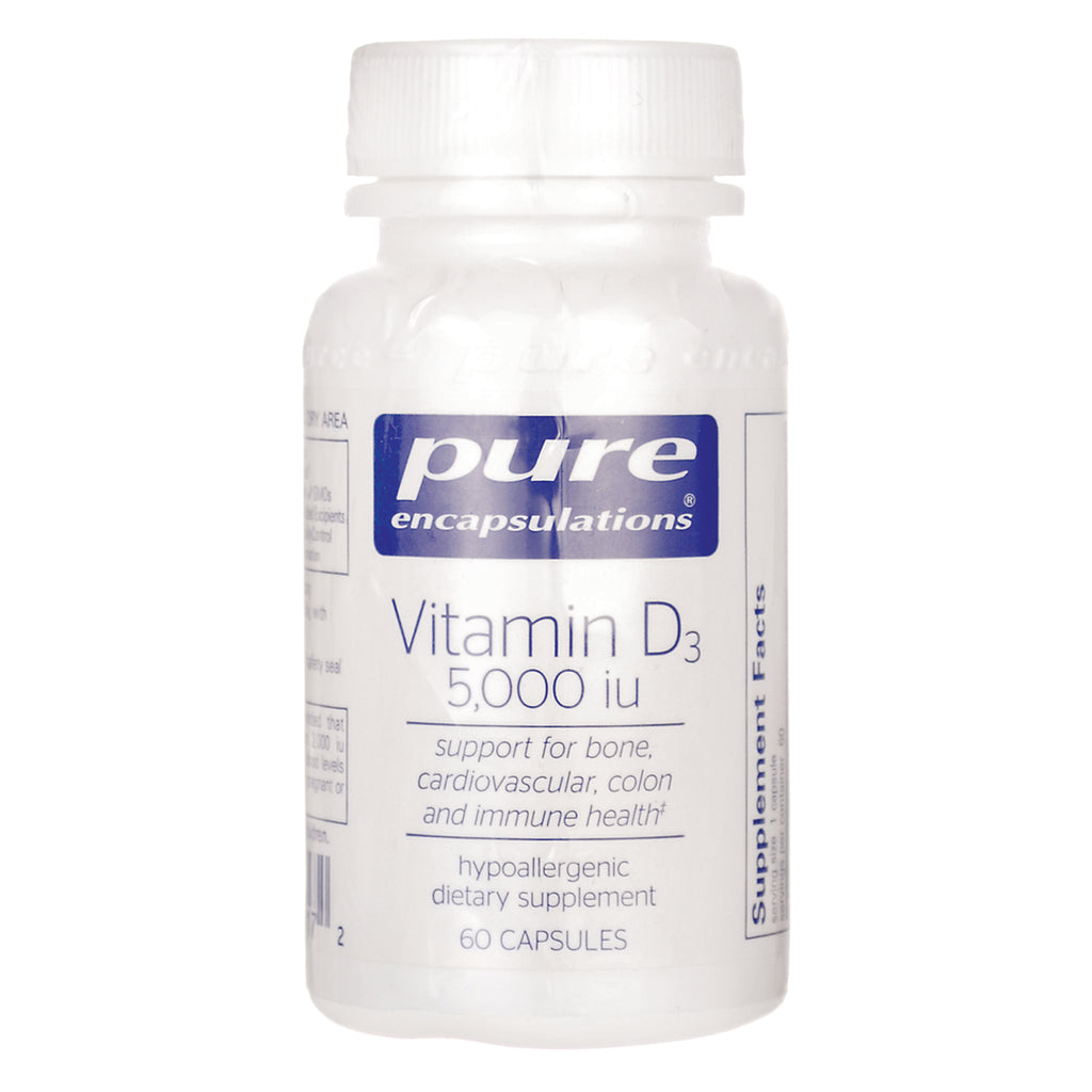 PRN021 | Pure Encapsulations Vitamin D3 5,000 IU white bottle showing front label 60 capsules - Thumbnail