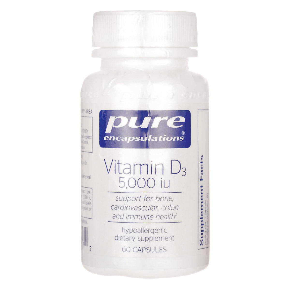 PRN021 | Pure Encapsulations Vitamin D3 5,000 IU white bottle showing front label 60 capsules