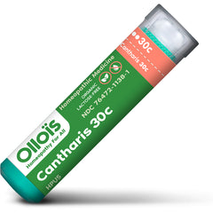 OLH025 | green tube of Cantharis 30C homeopathic pellets with clear cap and brand label