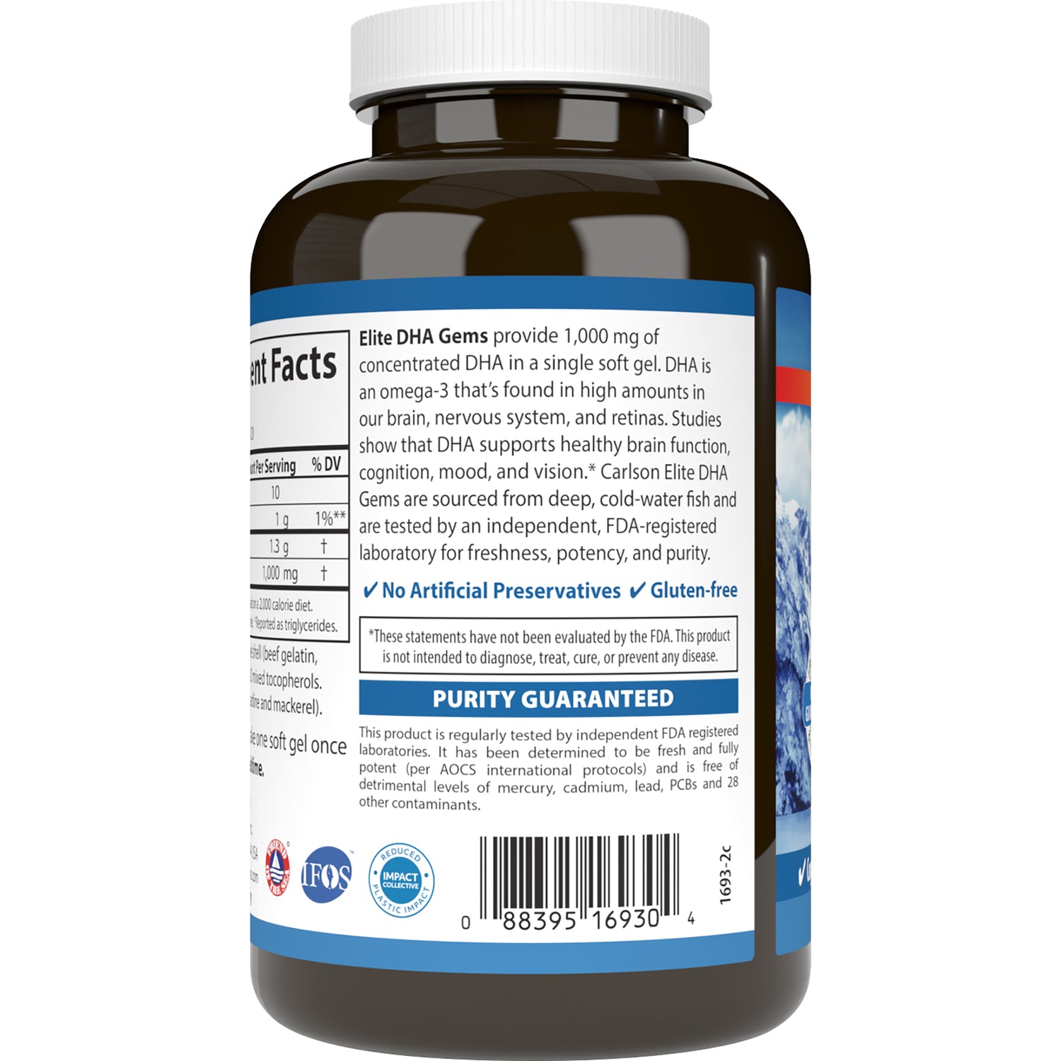 CSN261 | Back label of brown supplement bottle showing supplement facts, purity guaranteed panel and barcode