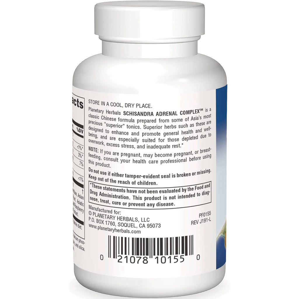 Back label of white supplement bottle showing SCHISANDRA ADRENAL COMPLEX warning text and barcode - Thumbnail