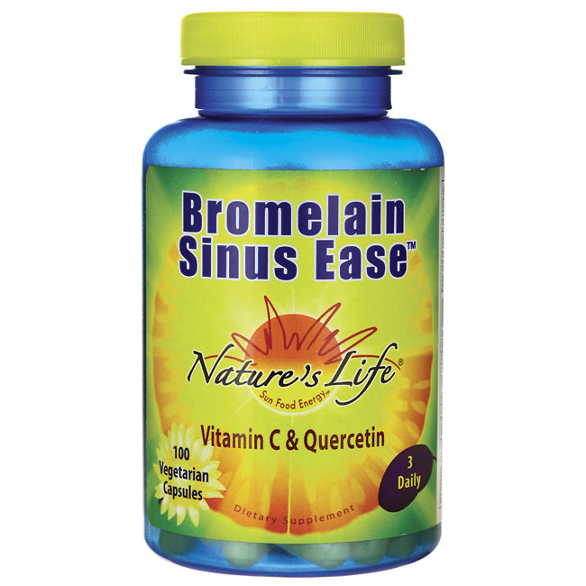 NSL058 | Blue bottle of Nature's Life Bromelain Sinus Ease vitamin C and quercetin, 100 vegetarian capsules, front label