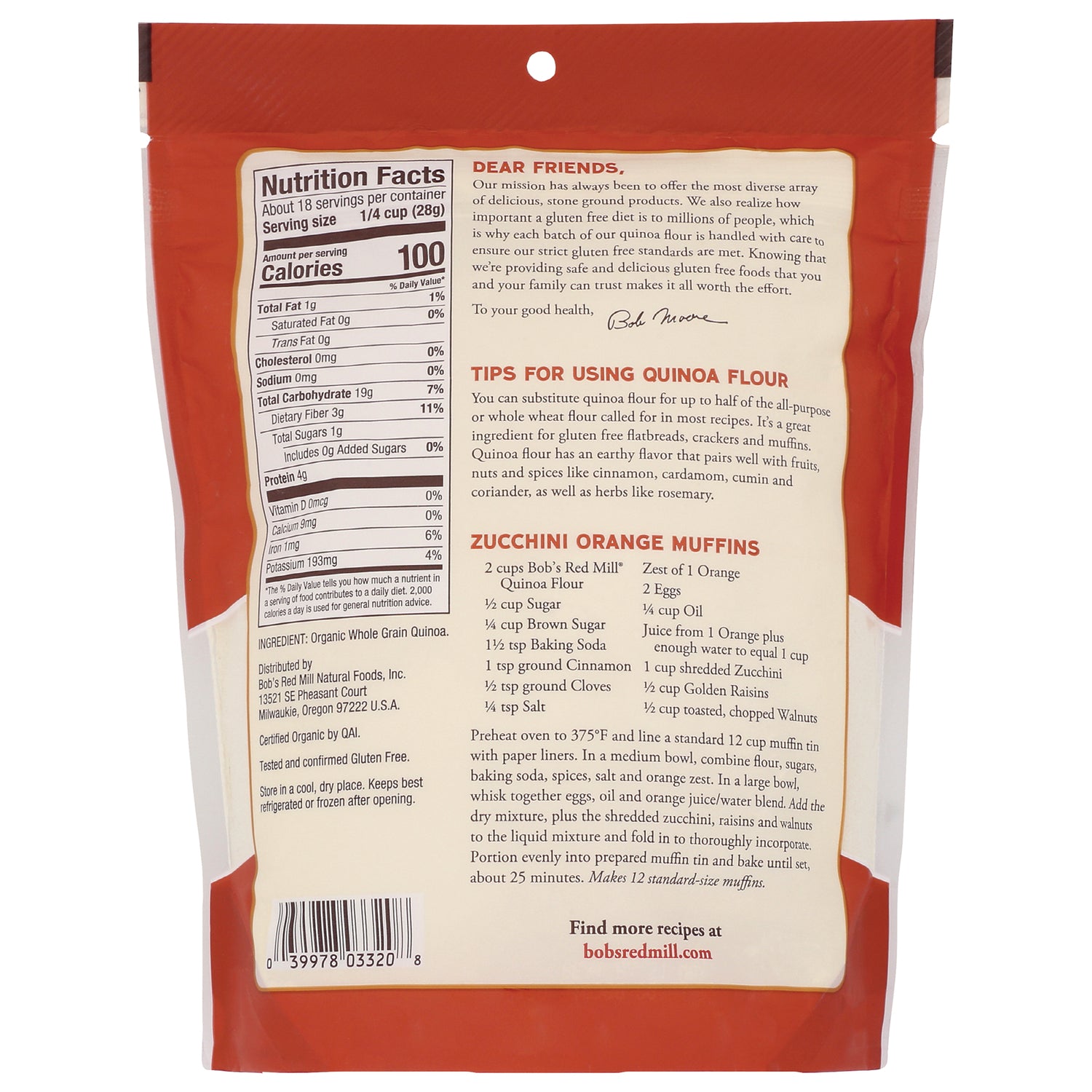 BOB279 | Back of Bob's Red Mill quinoa flour bag showing Nutrition Facts, usage tips and Zucchini Orange Muffins recipe