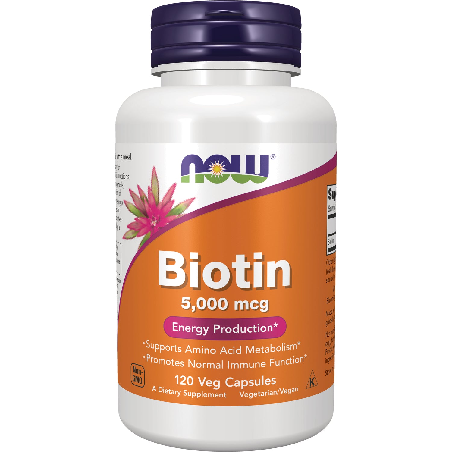 NWF291 | NOW Biotin 5,000 mcg supplement bottle, 120 veg capsules with orange label