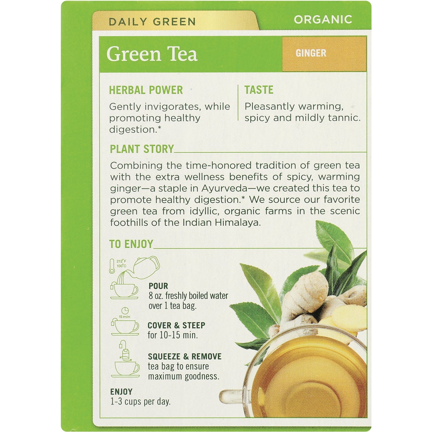 TMD021 | Green Tea Ginger back panel with benefits, taste notes, and steeping instructions 1015 min, 8 oz water