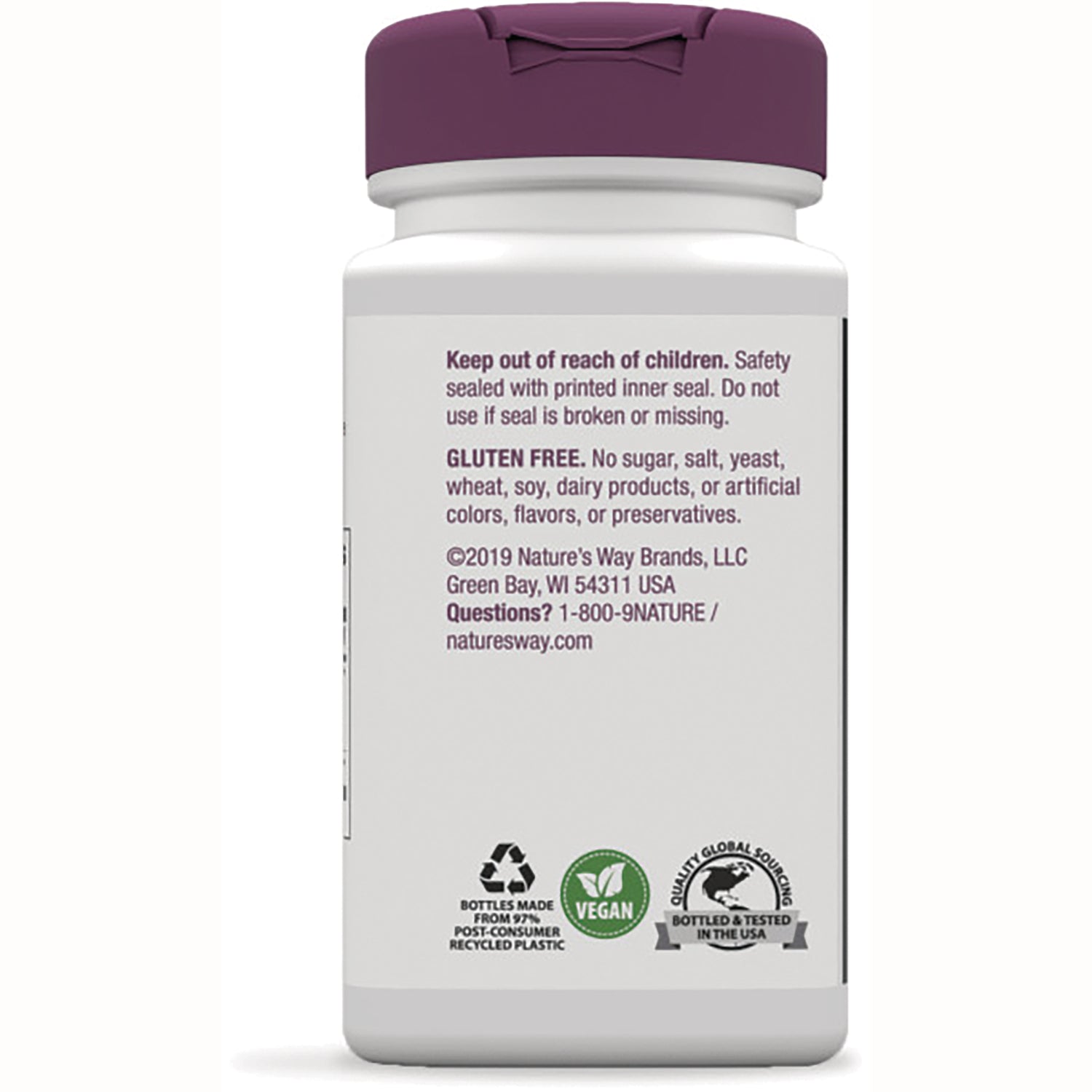 NW562 | back label of white supplement bottle showing safety and gluten free text, contact info, recycling and vegan icons