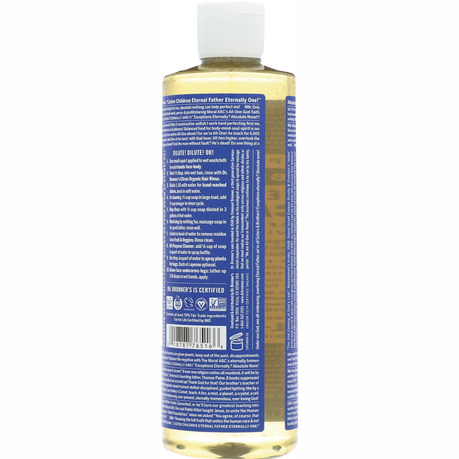 DRB014 | bottle back label with usage instructions, certifications, and barcode