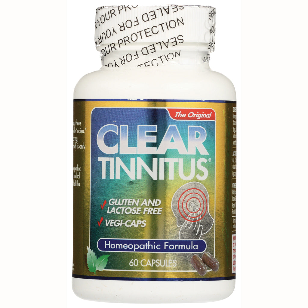 CLP009 | Bottle front showing CLEAR TINNITUS homeopathic formula label reading gluten and lactose free, vegi-caps, 60 capsules - Thumbnail