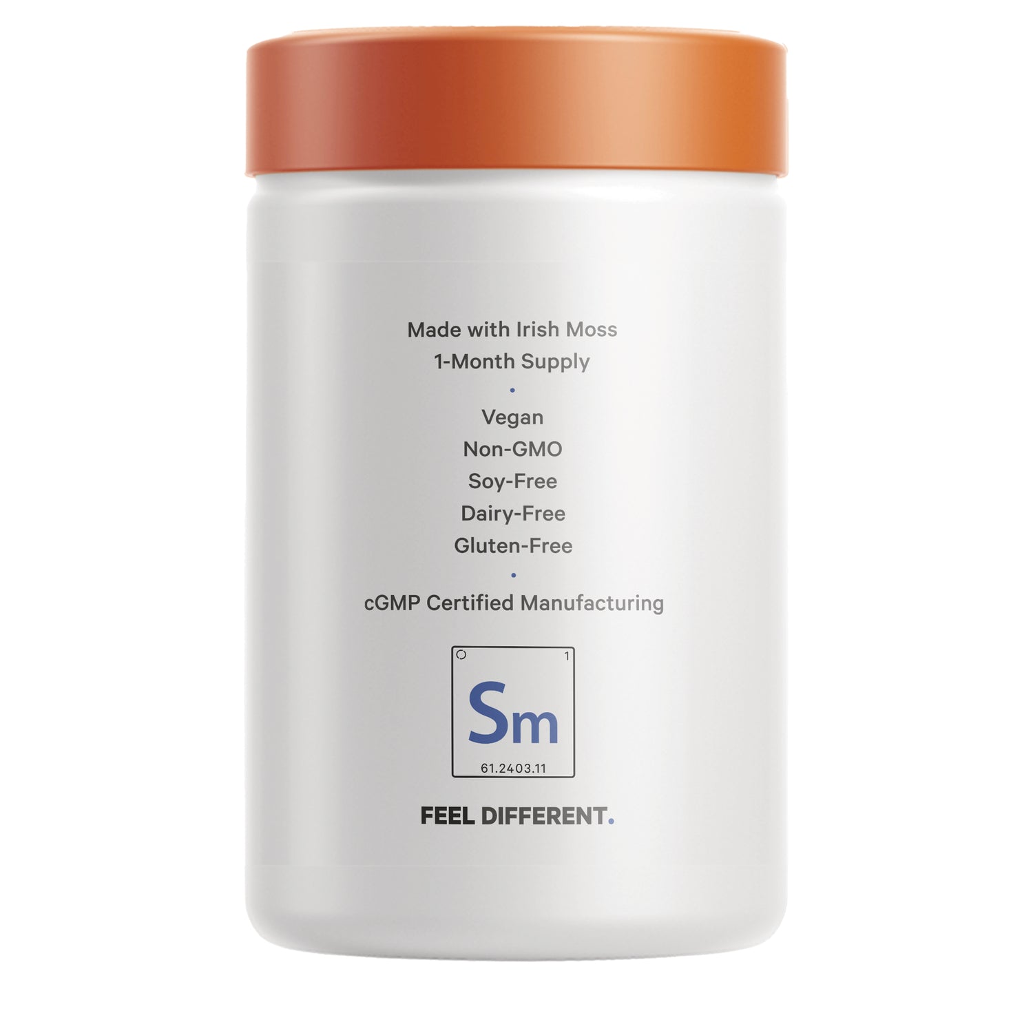 CDG034 | Back label of white supplement jar listing Made with Irish Moss, 1-Month Supply, Vegan, Non-GMO, Soy-Free, Dairy-Free, Gluten-Free and cGMP Certified Manufacturing