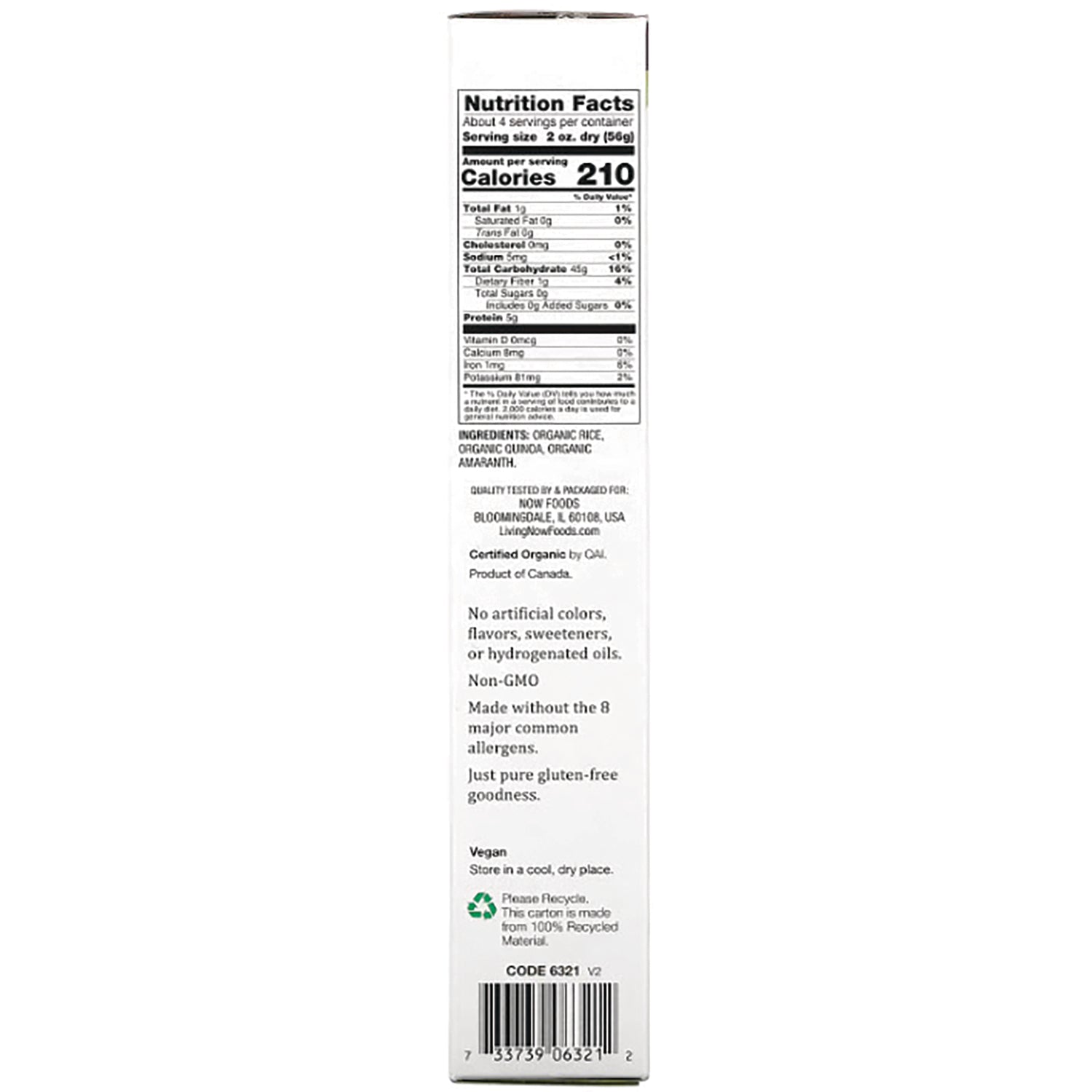 NWF1270 | Back panel showing Nutrition Facts, ingredients list, vegan claim and recycling symbol