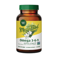 MGF139 | MegaFood Omega 3-6-9 supplement bottle, Ahiflower & algae oil, 60 vegan capsules