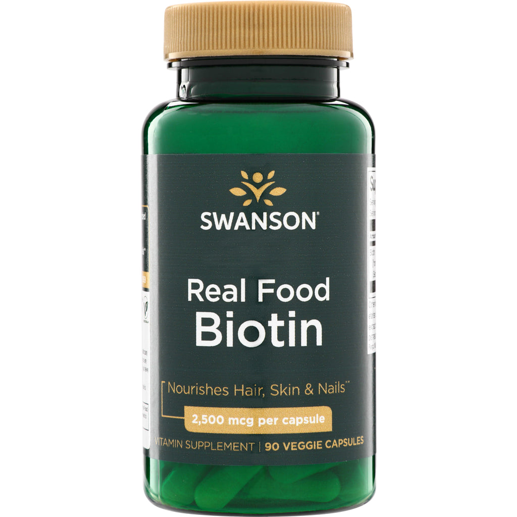 SWU1039 | Swanson Real Food Biotin supplement, 2,500 mcg per capsule, 90 veggie capsules, Nourishes Hair, Skin & Nails - Thumbnail