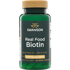 SWU1039 | Swanson Real Food Biotin supplement, 2,500 mcg per capsule, 90 veggie capsules, Nourishes Hair, Skin & Nails
