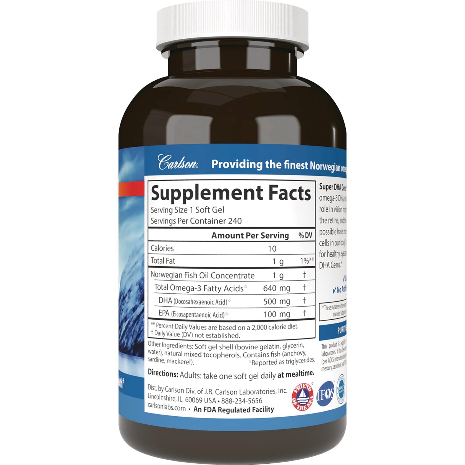 CSN272 | Supplement facts label on bottle showing Serving Size 1 Soft Gel, Total Omega-3 640 mg, DHA 500 mg, EPA 100 mg