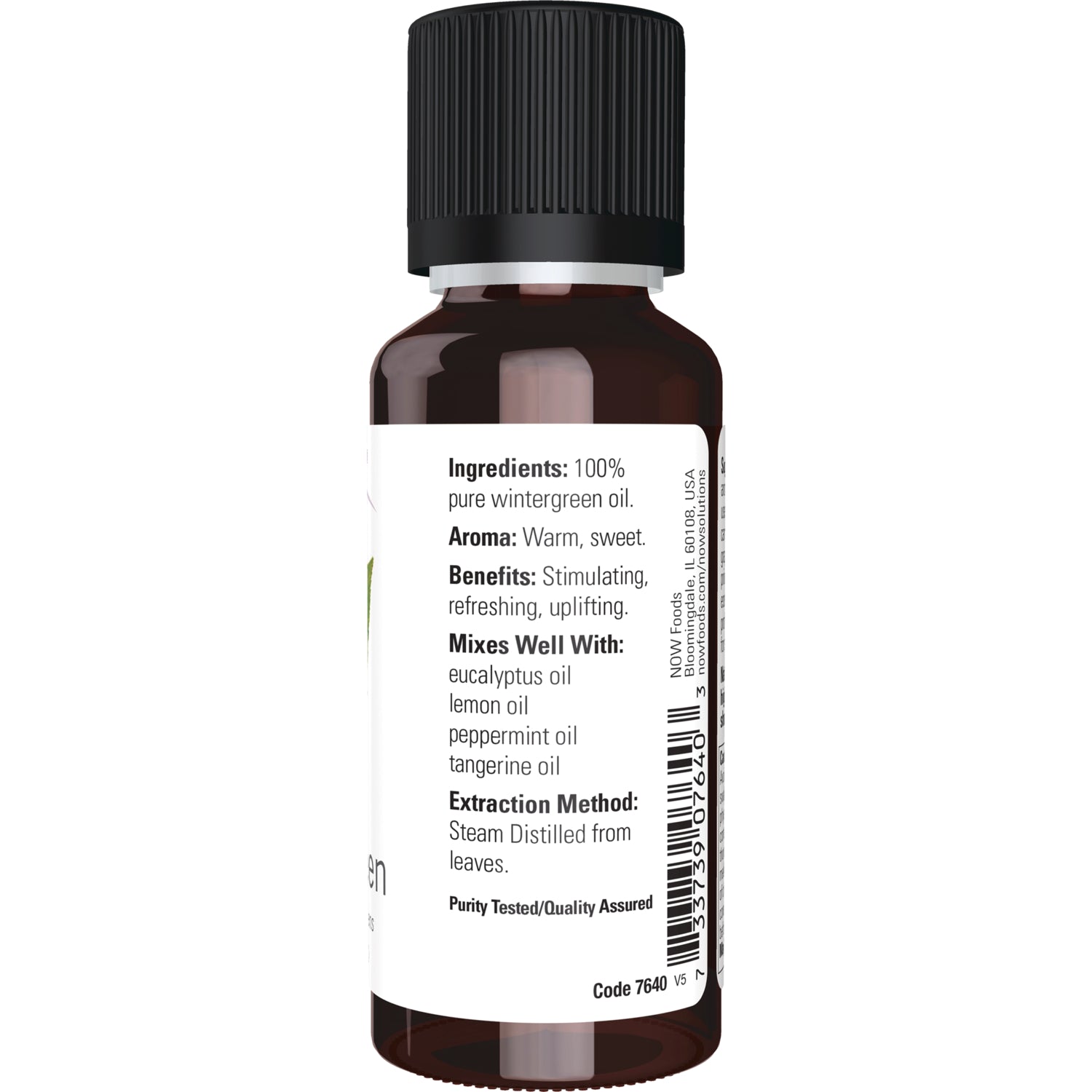 NWF516 | Back label of brown essential oil bottle showing ingredients, aroma, benefits, mixing suggestions, extraction method and barcode