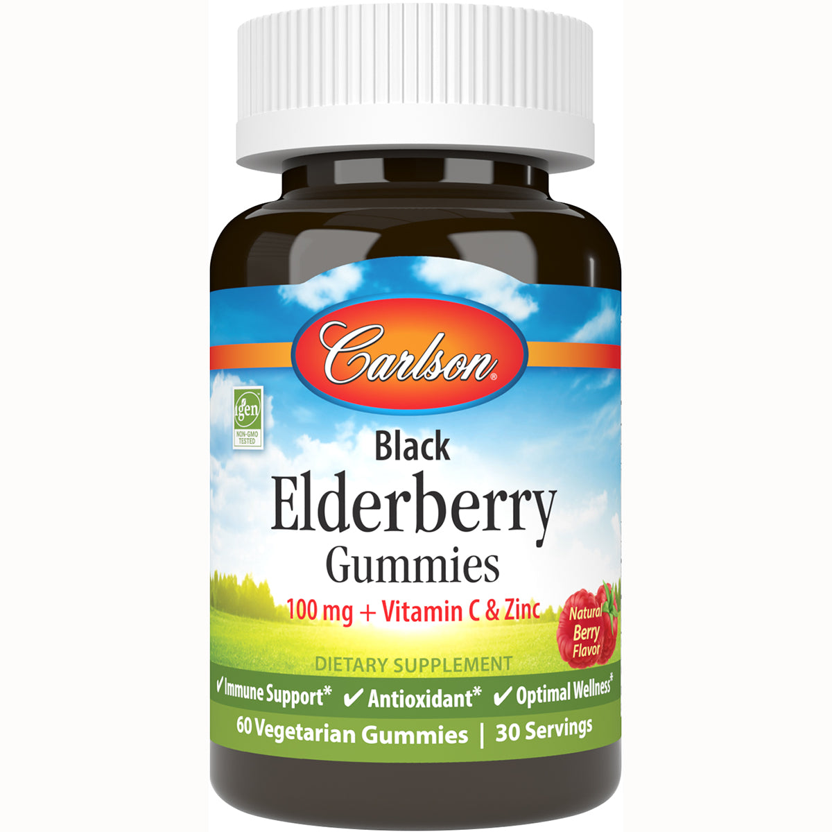 CSN287 | Carlson Black Elderberry Gummies bottle front, 100 mg with Vitamin C & Zinc, 60 vegetarian gummies