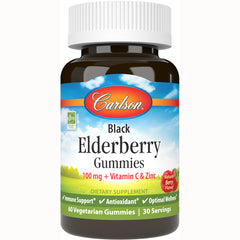 CSN287 | Carlson Black Elderberry Gummies bottle front, 100 mg with Vitamin C & Zinc, 60 vegetarian gummies