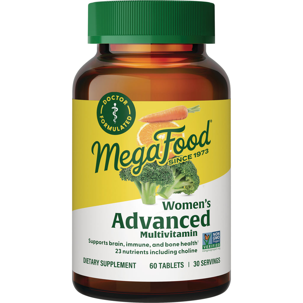 MGF071 | MegaFood Women's Advanced Multivitamin bottle front, green cap, broccoli and carrot label, 60 tablets - Thumbnail