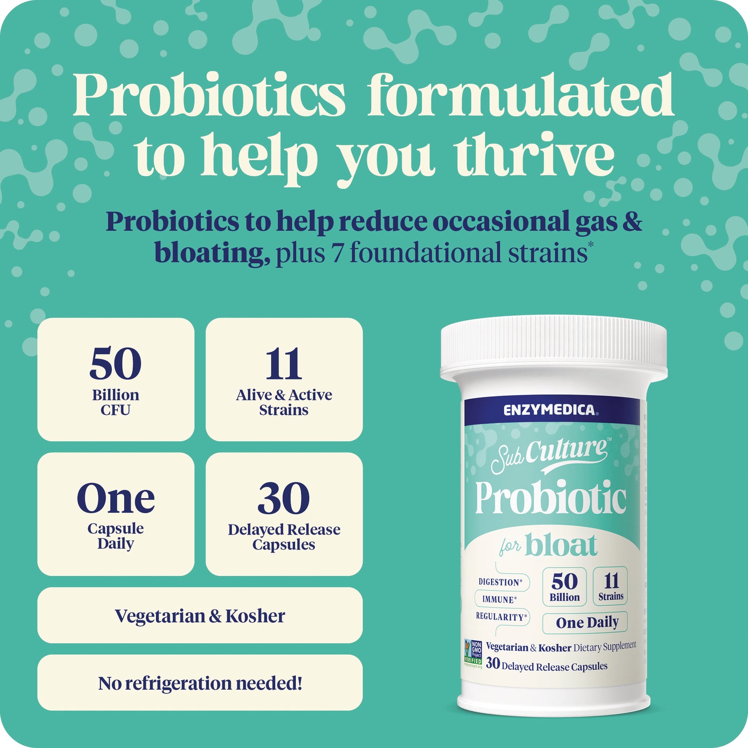 EMD103 | teal product infographic showing probiotic bottle and feature boxes: 50 Billion CFU, 11 strains, One Daily, 30 delayed release capsules, vegetarian & kosher