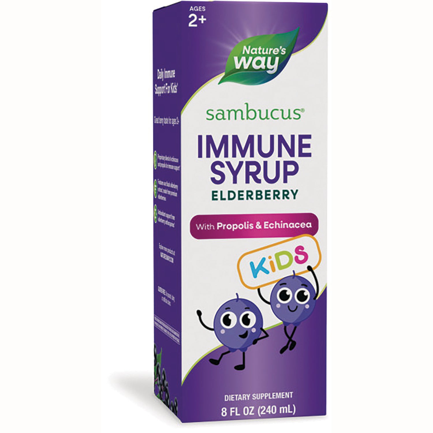 NW669 | Nature's Way Sambucus Immune Syrup elderberry kids front box showing KiDS label and 8 FL OZ (240 mL)