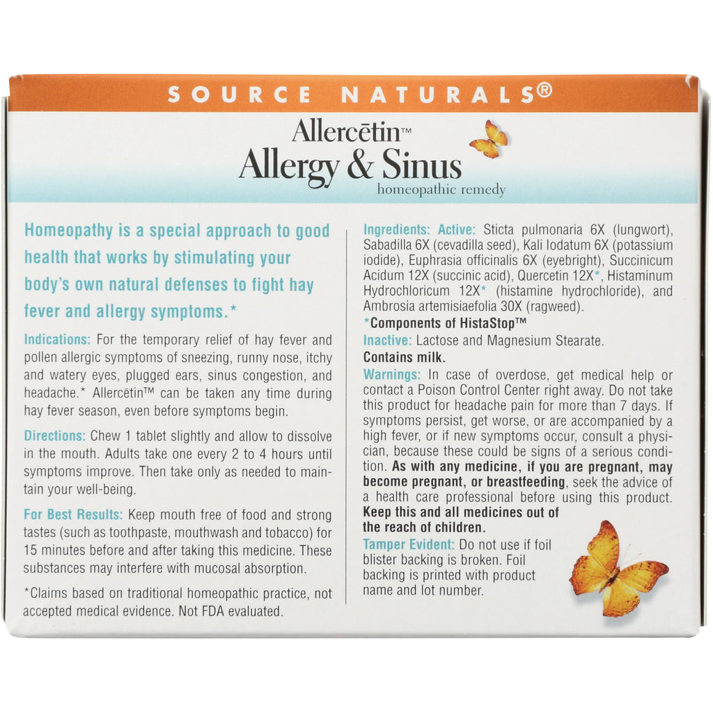 SN188 | Back of Source Naturals Allercetin Allergy & Sinus box showing directions, ingredients, warnings and butterfly graphic - Thumbnail