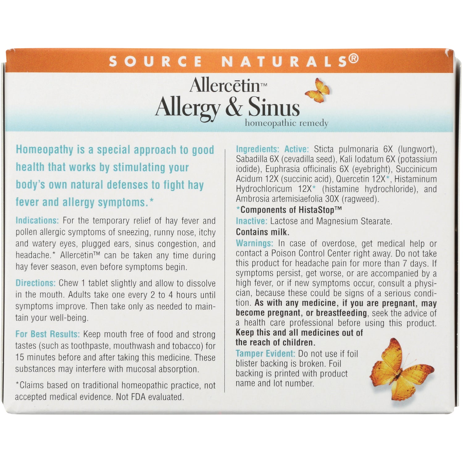 SN188 | Back of Source Naturals Allercetin Allergy & Sinus box showing directions, ingredients, warnings and butterfly graphic