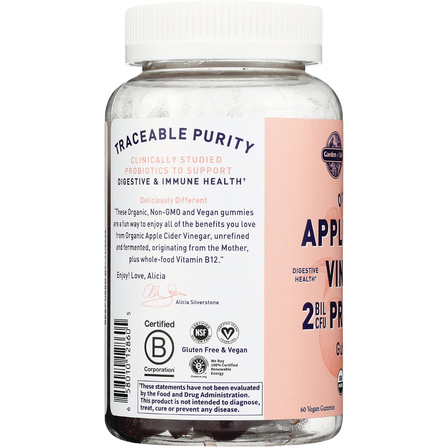 GLF344 | side label reading TRACEABLE PURITY and product claims about probiotics, gluten free and vegan certifications