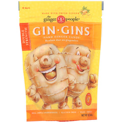 GPE002 | Front pouch of GIN GINS hard ginger candy with two cartoon ginger characters and brand logo