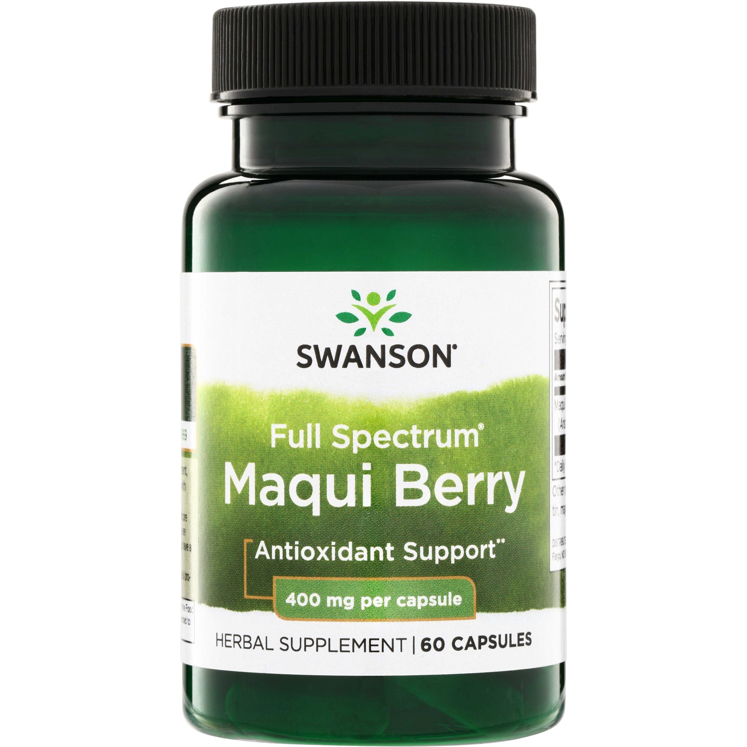 SW1338 | Swanson Full Spectrum Maqui Berry supplement bottle, Antioxidant Support, 400 mg per capsule, 60 capsules