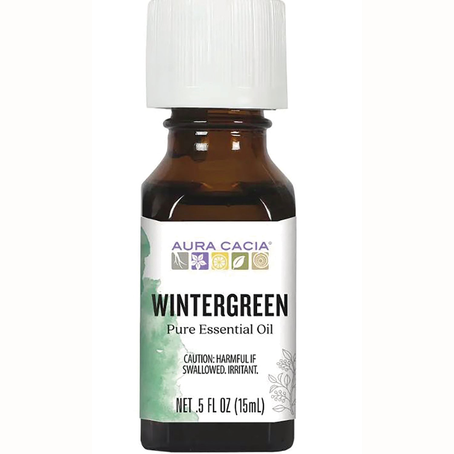 ARC043 | Aura Cacia Wintergreen pure essential oil 0.5 fl oz amber bottle with white cap and label reading CAUTION: HARMFUL IF SWALLOWED, IRRITANT