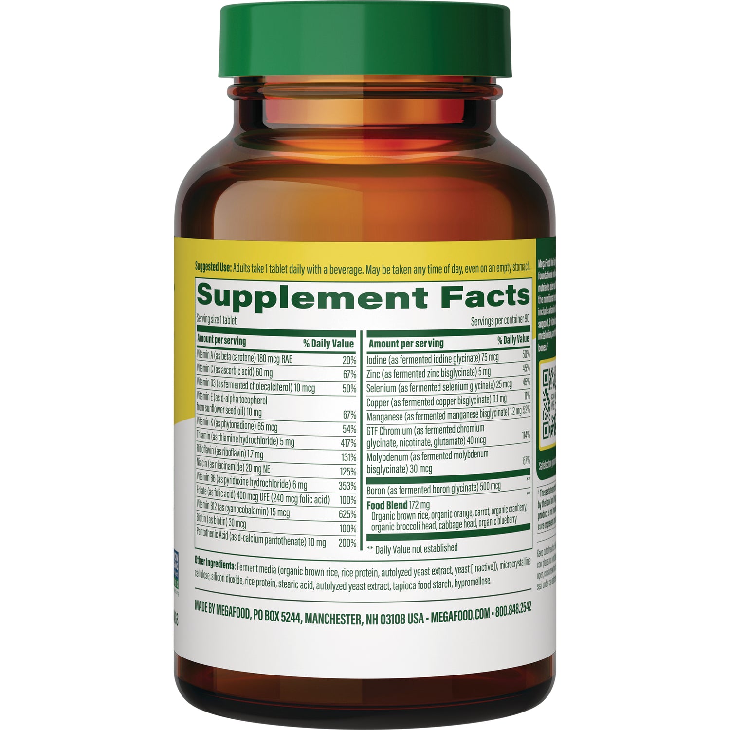MGF010 | Back of amber supplement bottle showing Supplement Facts panel and ingredient list