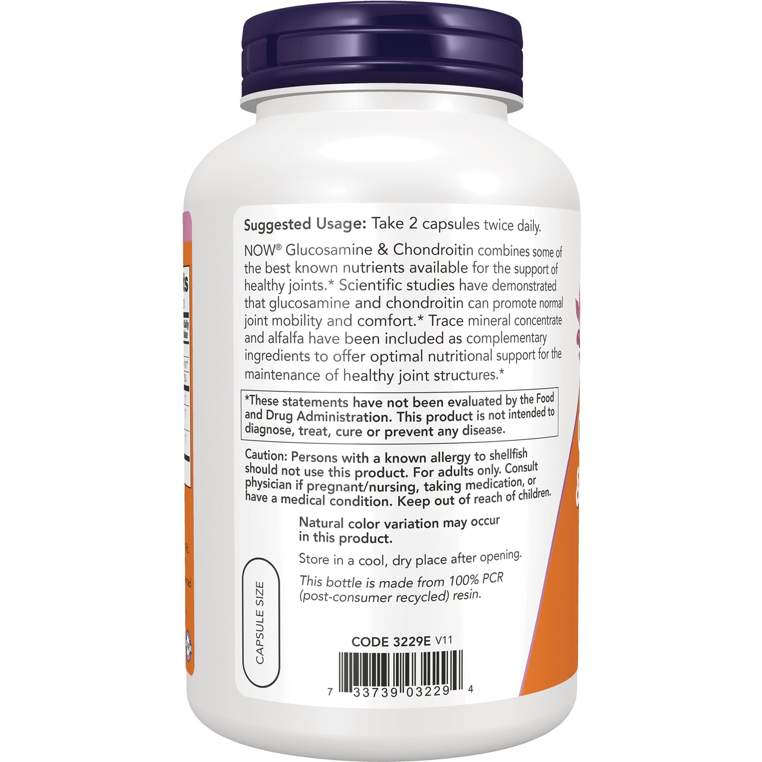 NWF398 | Back label of white supplement bottle showing suggested usage, caution, and barcode