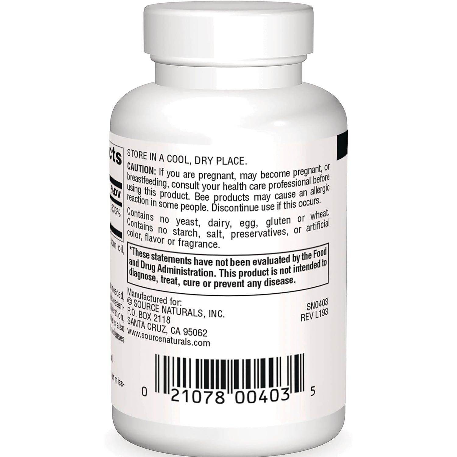 SN504 | Back label with cautions, storage directions, FDA disclaimer, manufacturer info, and barcode