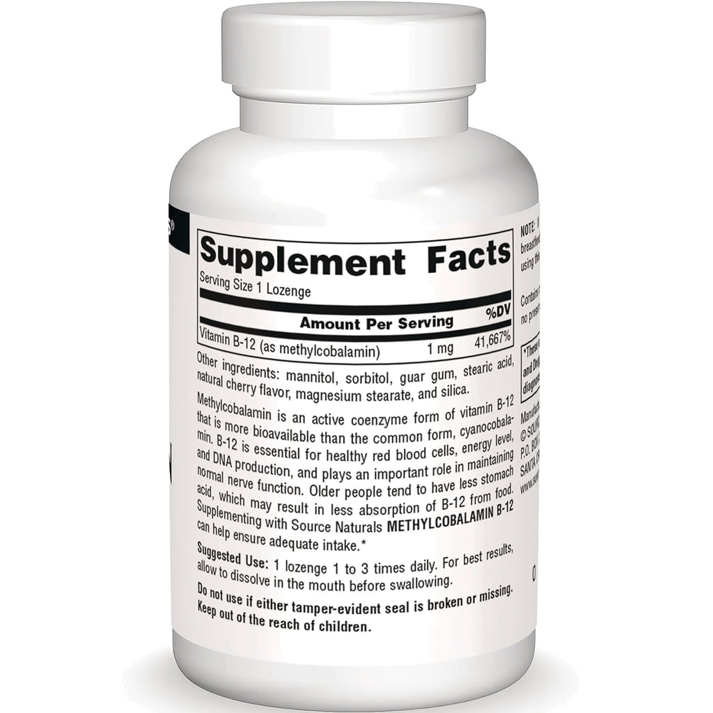 SN124 | Back label with Supplement Facts for Vitamin B-12 (methylcobalamin) lozenges - Thumbnail
