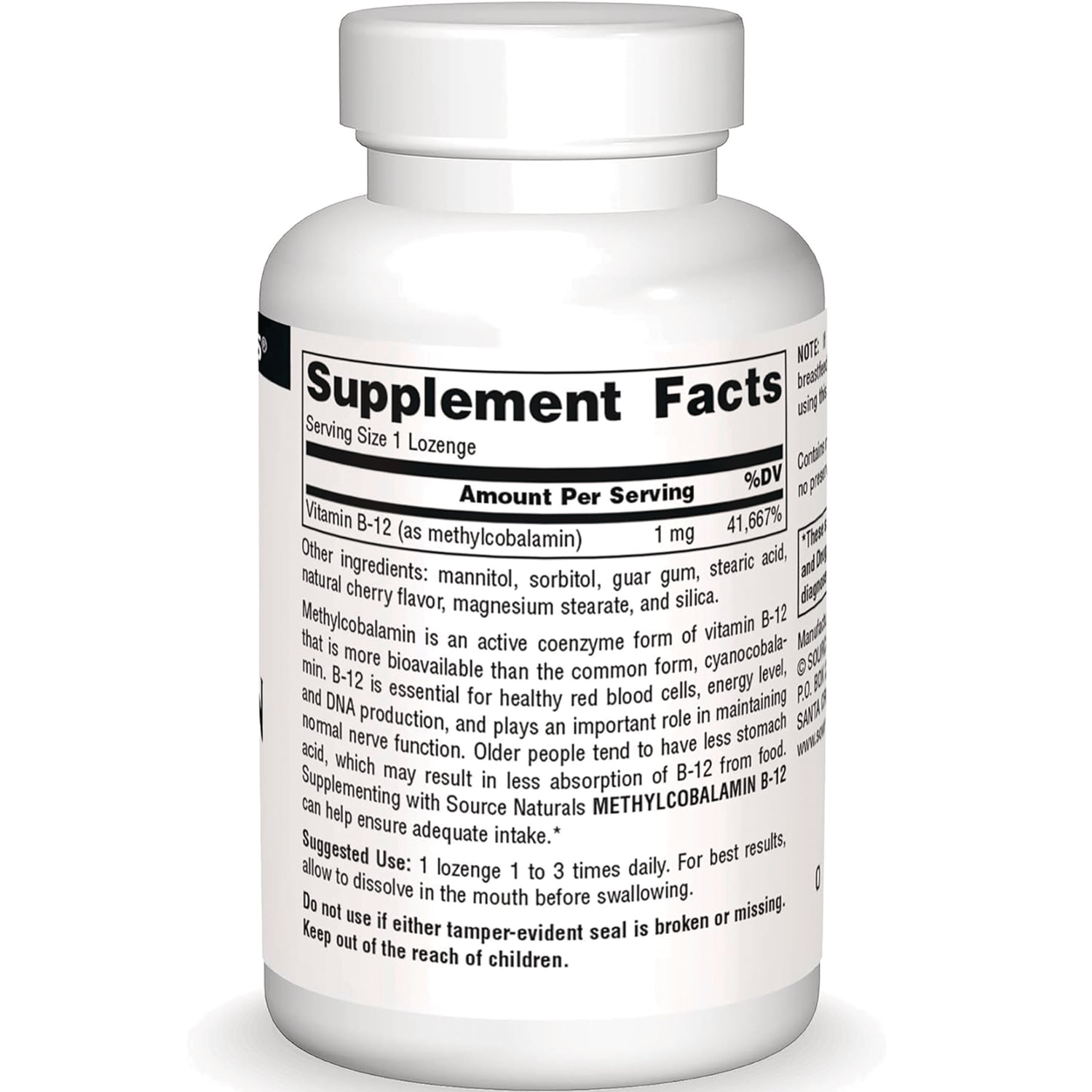 SN124 | Back label with Supplement Facts for Vitamin B-12 (methylcobalamin) lozenges