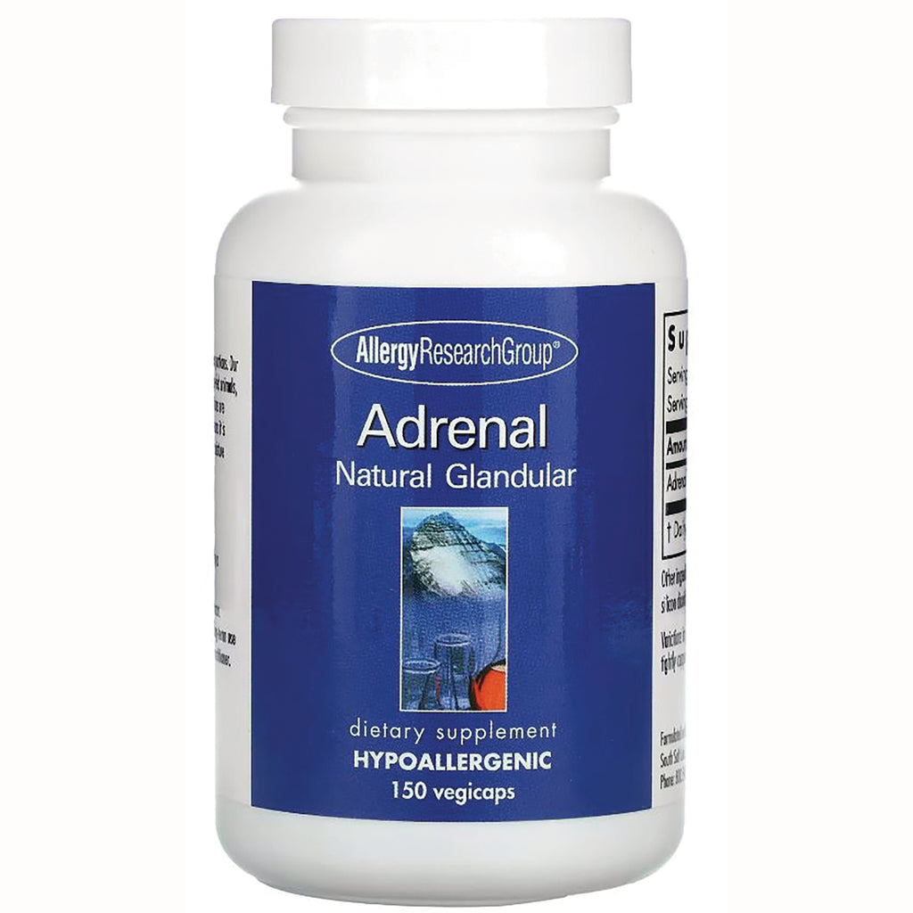 ARG046 | White bottle with blue label reading Adrenal Natural Glandular dietary supplement HYPOALLERGENIC 150 vegicaps - Thumbnail
