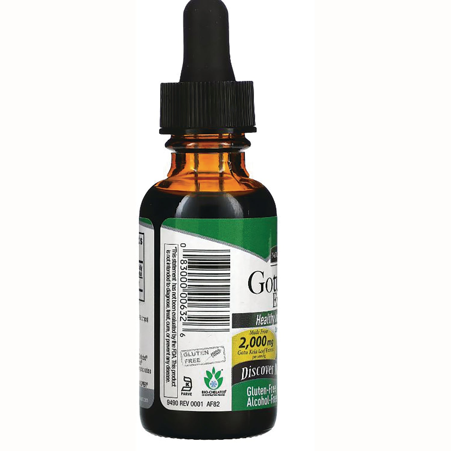NAT038 | Back of amber dropper bottle showing barcode, label with 2,000 mg callout and gluten-free icon
