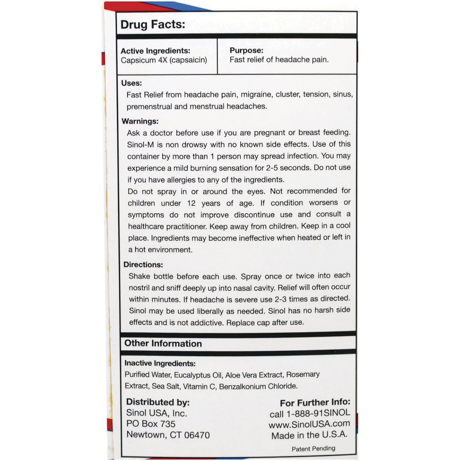 SNL005 | Drug Facts panel with Capsicum 4X (capsaicin) for fast relief of headache pain, directions and inactive ingredients