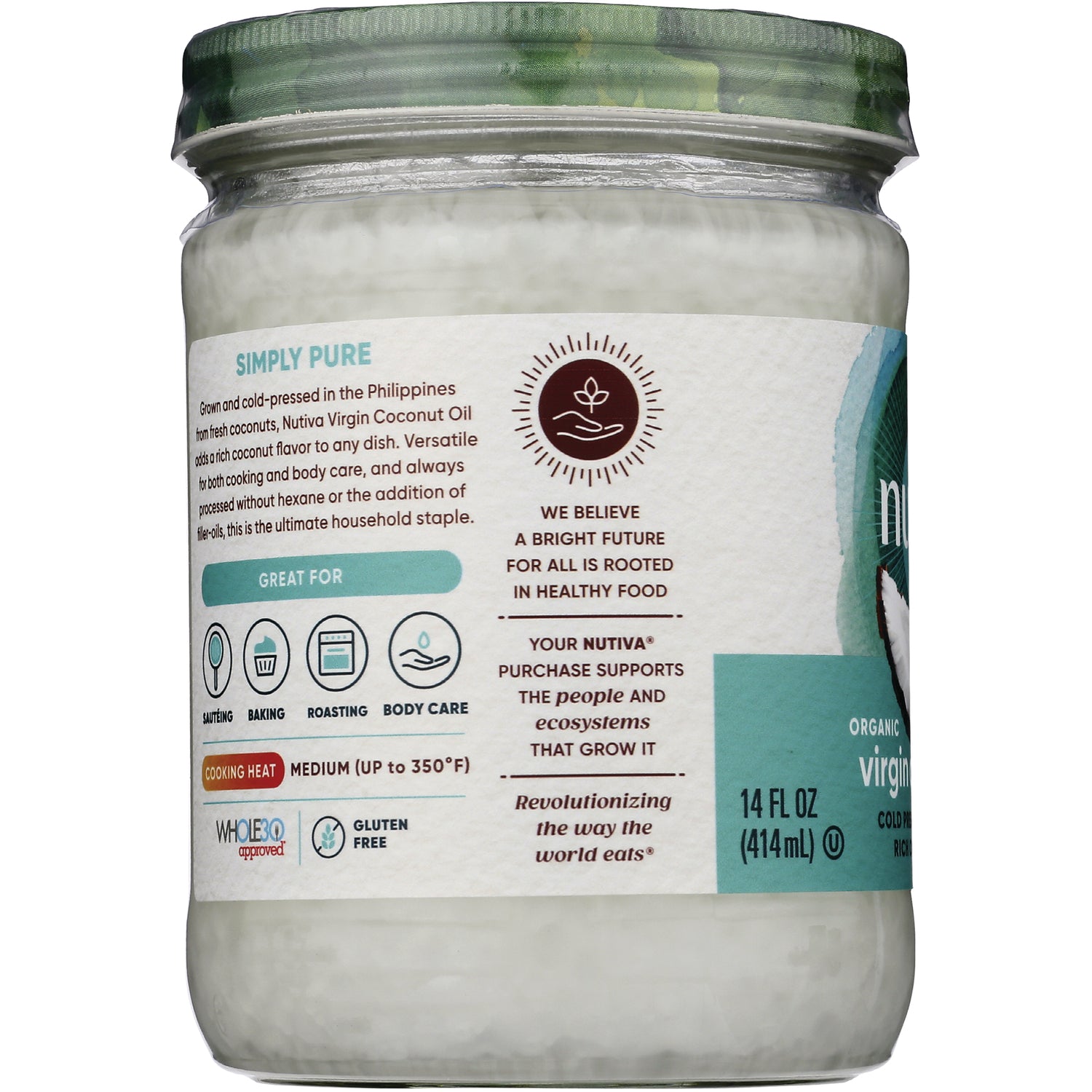 NTV043 | product infographic label on jar of virgin coconut oil showing usage icons cooking heat and supporting text