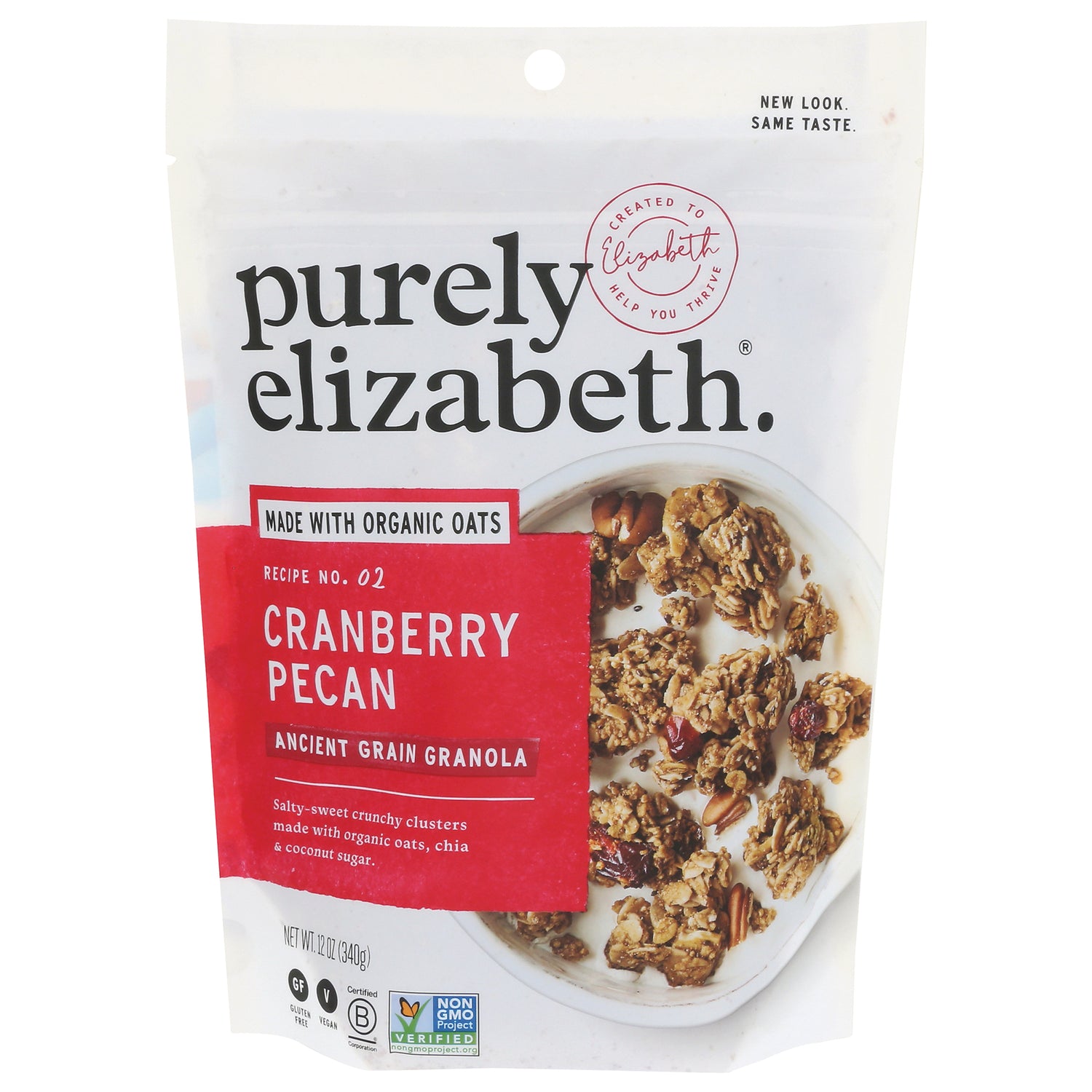 PLZ003 | Purely Elizabeth cranberry pecan ancient grain granola pouch front with bowl of granola