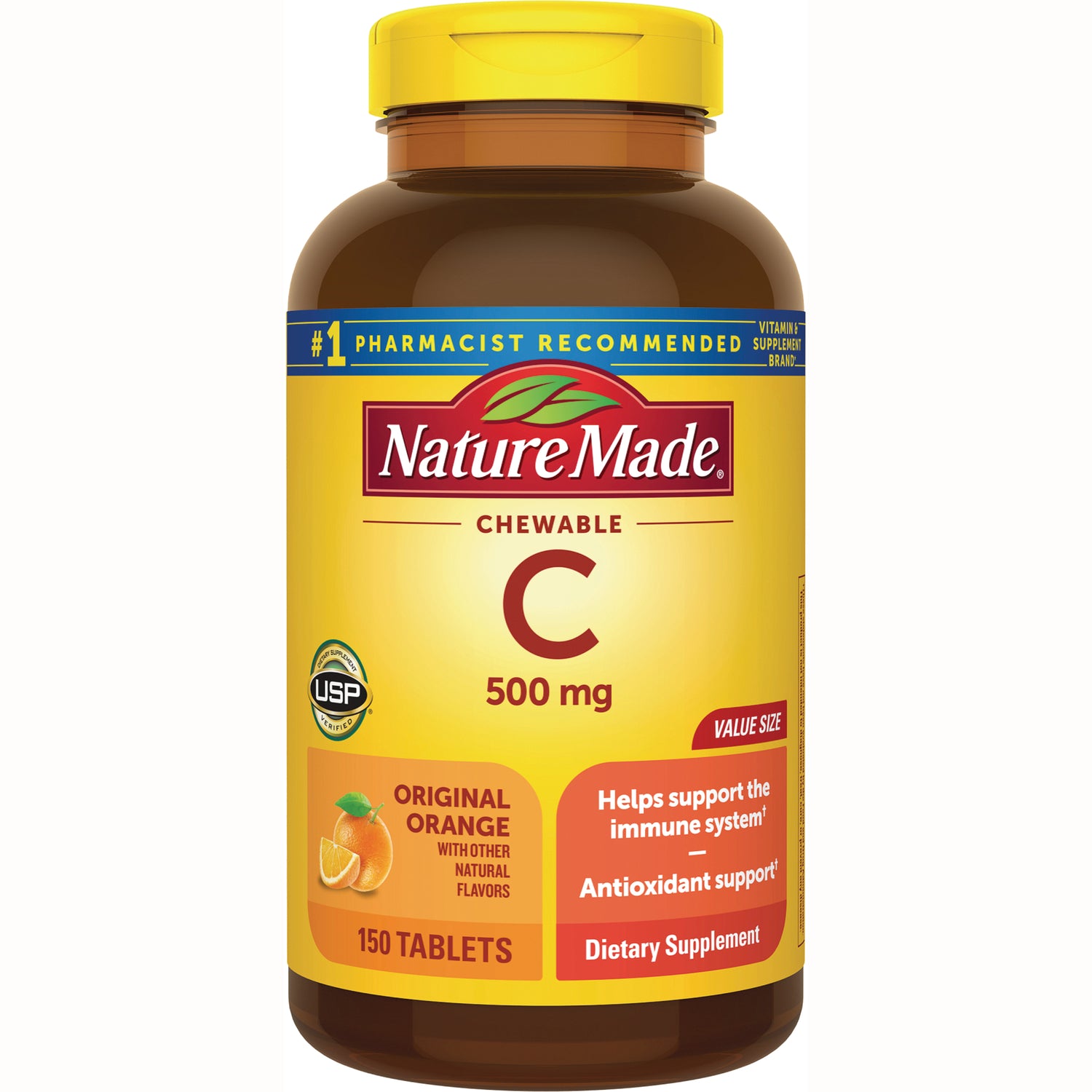 NTM166 | Nature Made chewable vitamin C 500 mg bottle, original orange flavor, 150 tablets front