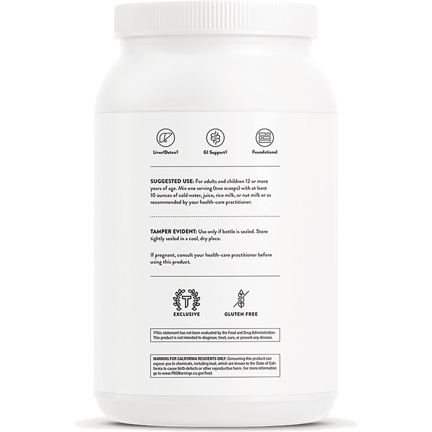 TRN010 | Back label of white supplement jar with Suggested Use, Tamper Evident, and Exclusive and Gluten Free icons