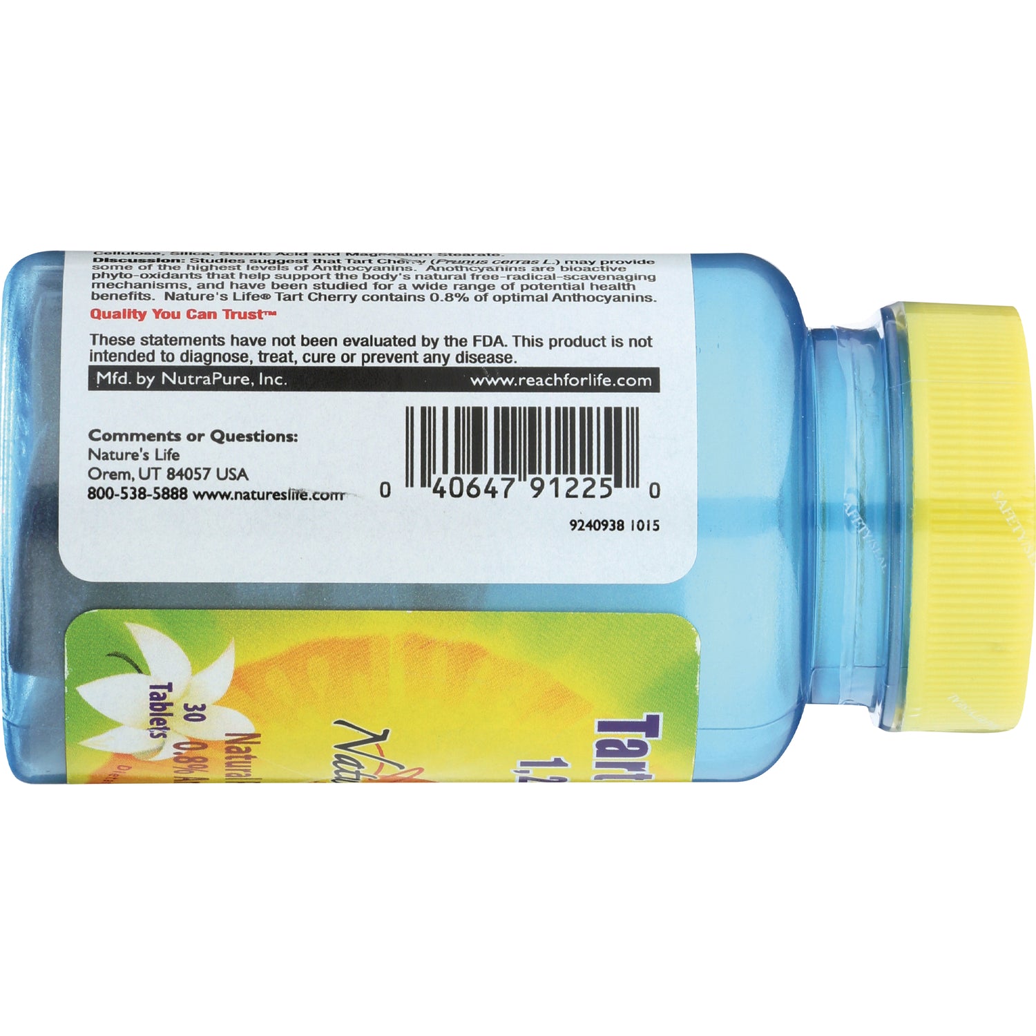 NSL027 | horizontal blue supplement bottle back label with barcode, contact info, and yellow cap