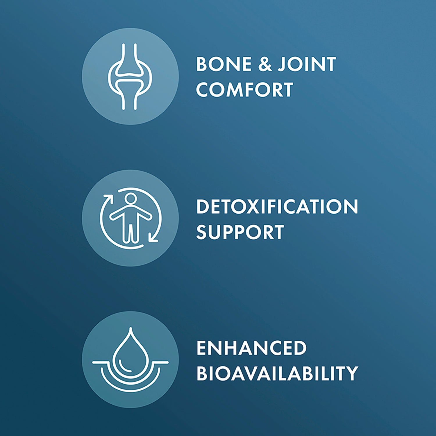 MRC088 | Product infographic with icons labeled BONE & JOINT COMFORT, DETOXIFICATION SUPPORT, ENHANCED BIOAVAILABILITY