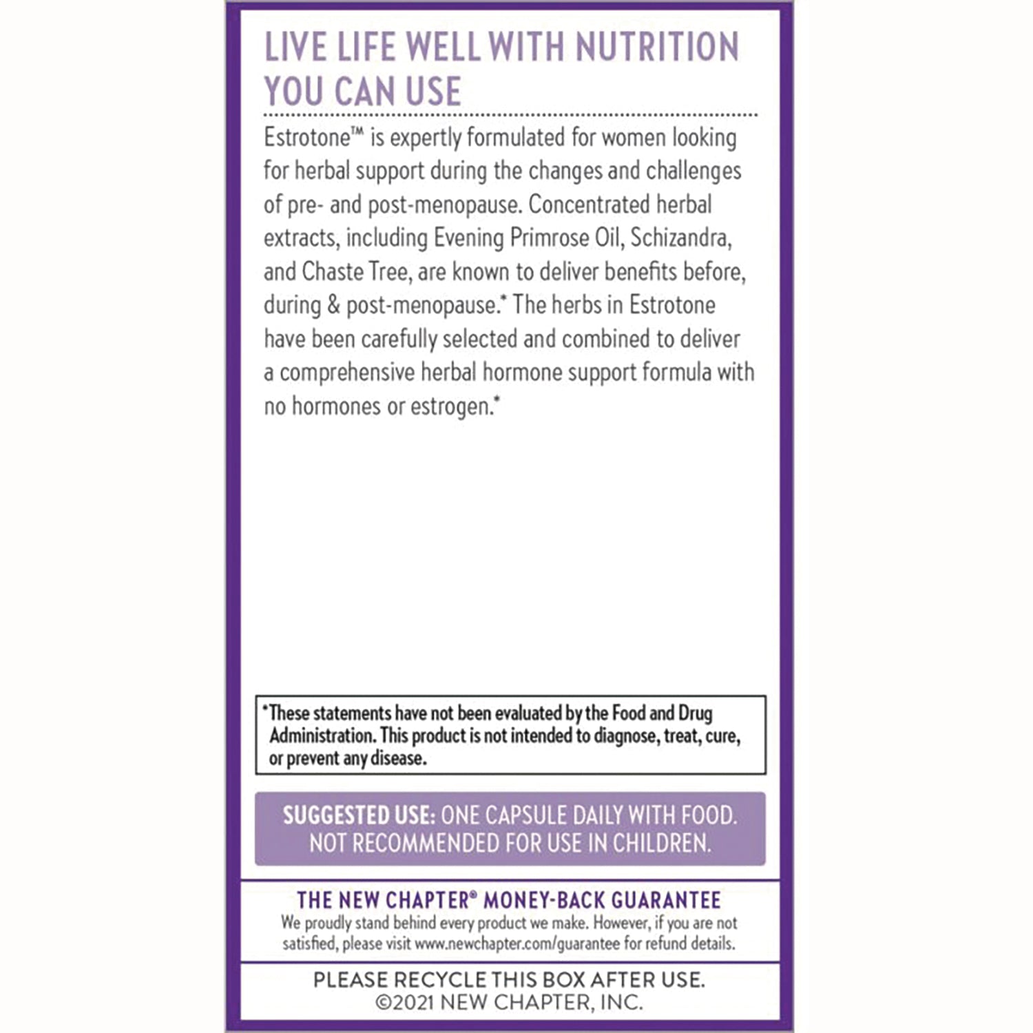 NWC297 | Back label with Estrotone description and suggested use one capsule daily with food