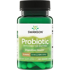 SWA037 | Swanson Probiotic with Digestive Enzymes, 60 veggie caps, 5 strains, 5 billion CFU