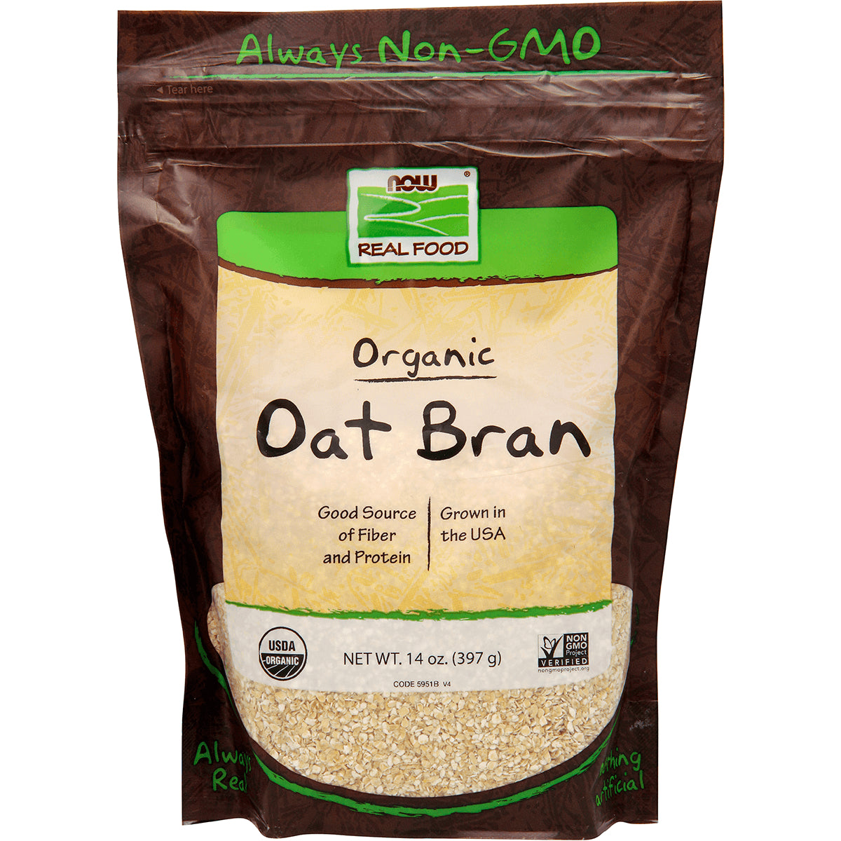 NWF1109 | NOW Real Food organic Oat Bran pouch, 14 oz (397 g), USDA Organic Non-GMO