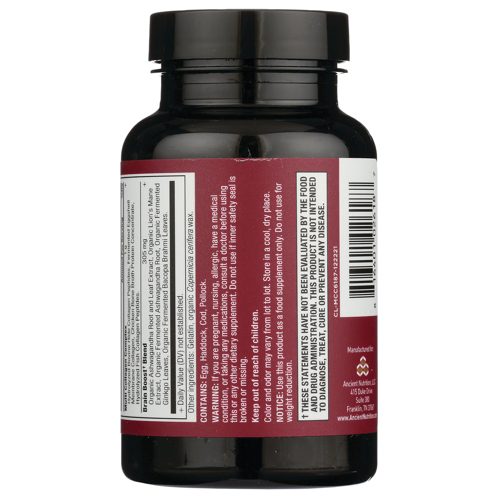 ATN092 | Back of dark supplement bottle showing ingredient panel, warnings and barcode - Thumbnail
